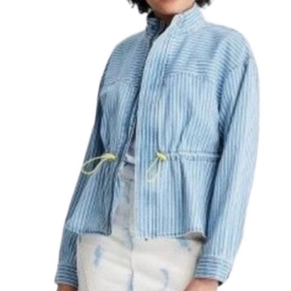 Future Collective NEW‎ Denim Blue & White Stripe Cinched Waist Zip Up Jacket M/L